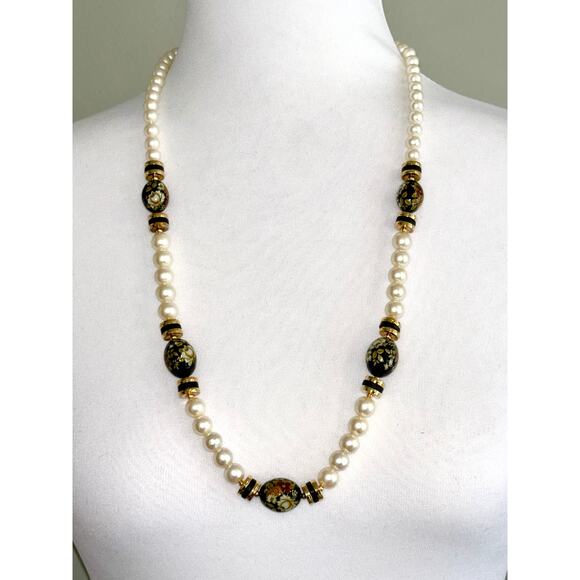 Vintage Japanese Faux Pearl Enamel Floral Beaded Statement Necklace - Picture 1 of 9